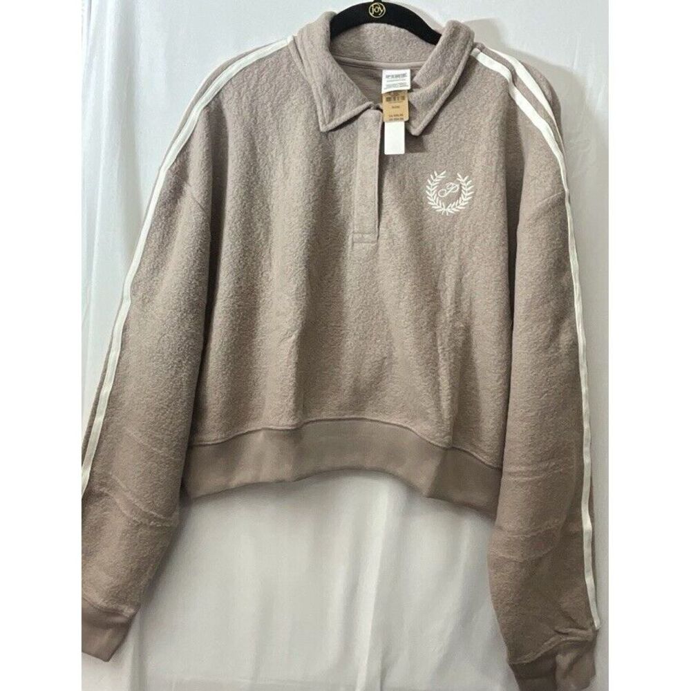 New VICTORIA'S SECRET PINK Reverse Fleece Cropped Polo Sweatshirt Size XL